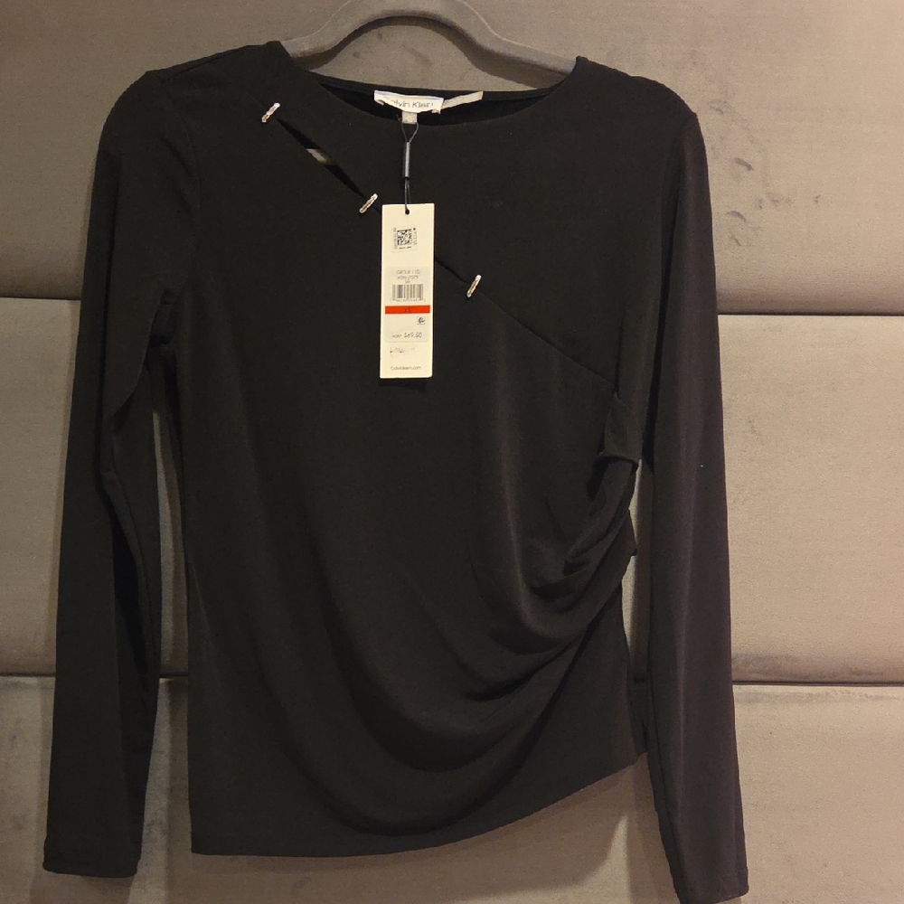 Calvin Klein Black Draped Long Sleeve Blouse